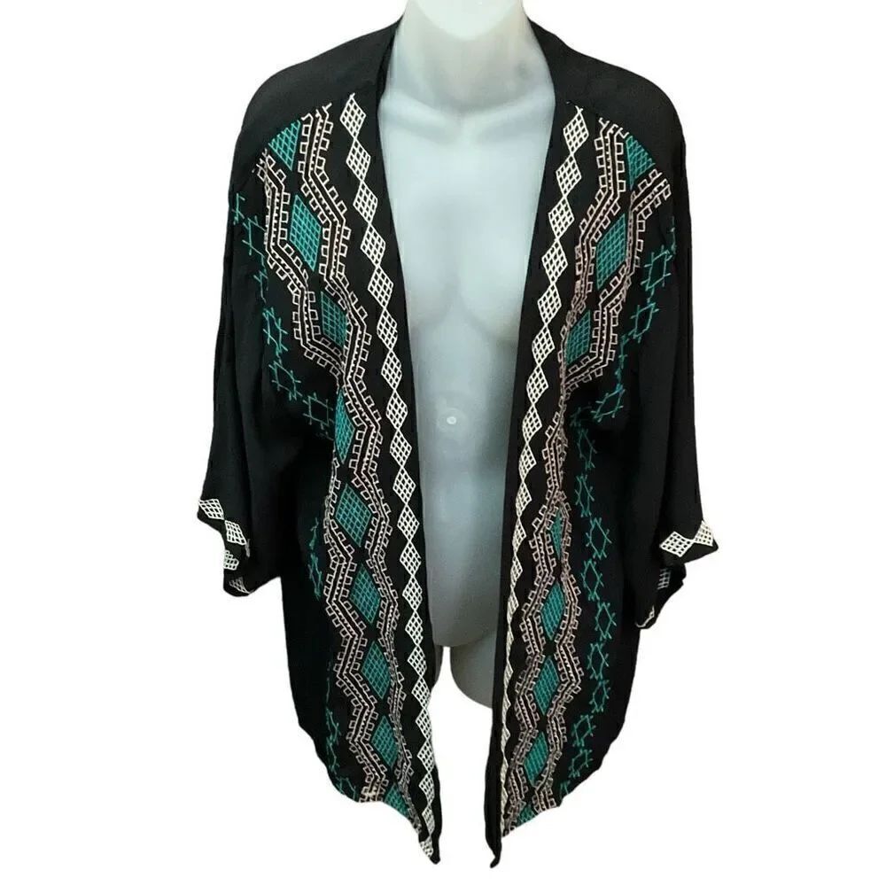 inLUV Swimsuit Cover Up Open Front Kimono Black Geometric Embroidery Size Small